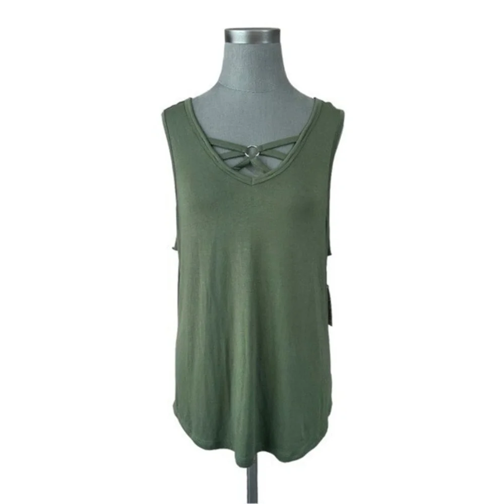 NO BOUNDARIES Womens Tank Top XXXL Green V Neck Ring Accent Rayon Stretch NWT - Picture 4 of 9